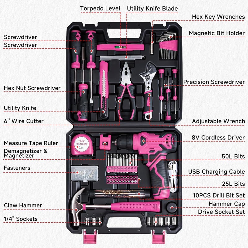 prekull Tool Set - Tool Kit with 8V Cordless Drill, 132 Piece Tool Box with Drill, Home Tool Kits for Women & Men, Hand Drill Set Perfect for Homeowner, Diyer, Handyman - Pink - Image 5